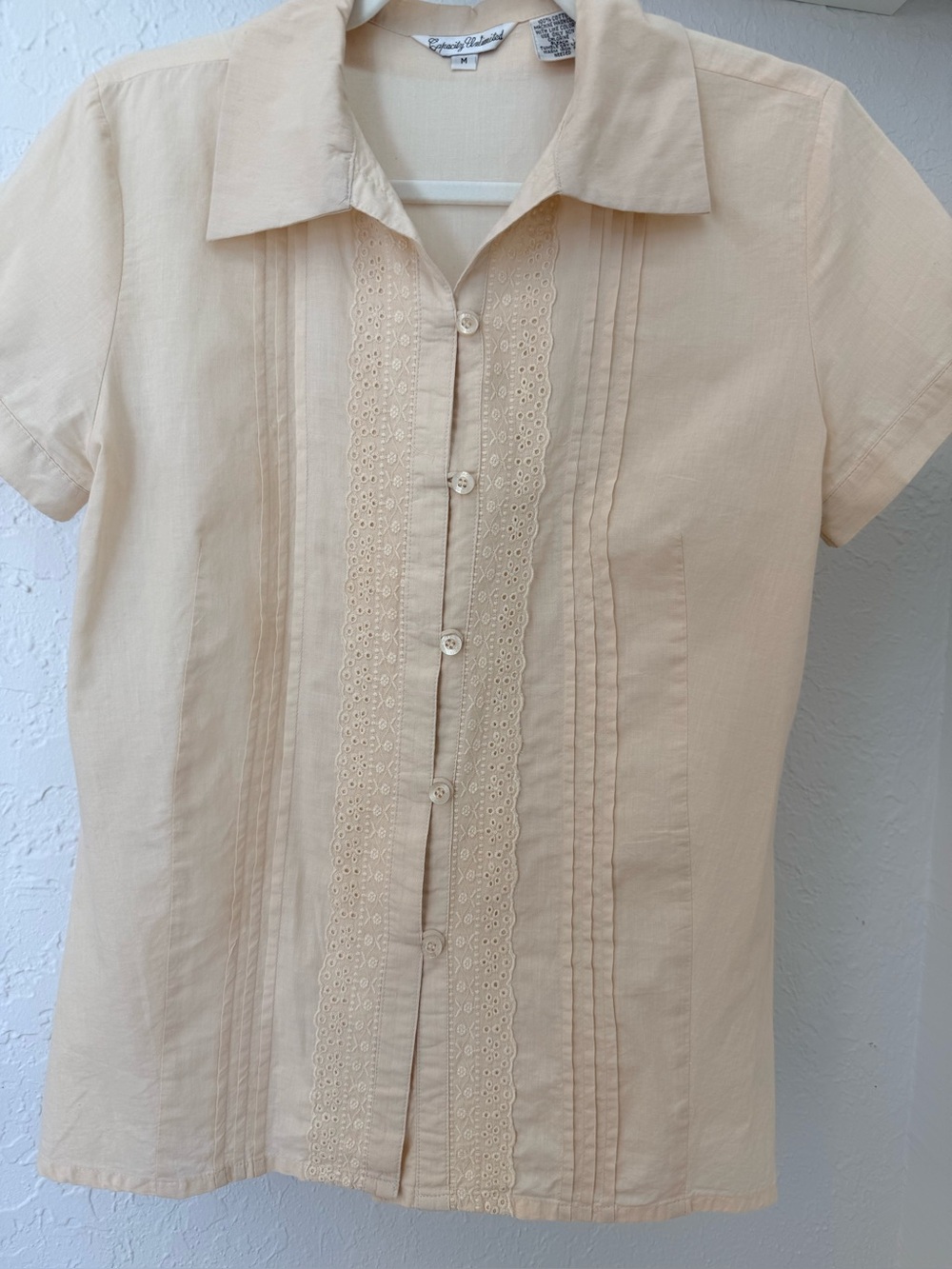 Vintage Capacity Unlimited Cream Eyelet Pintuck Cotton Blouse Size Medium